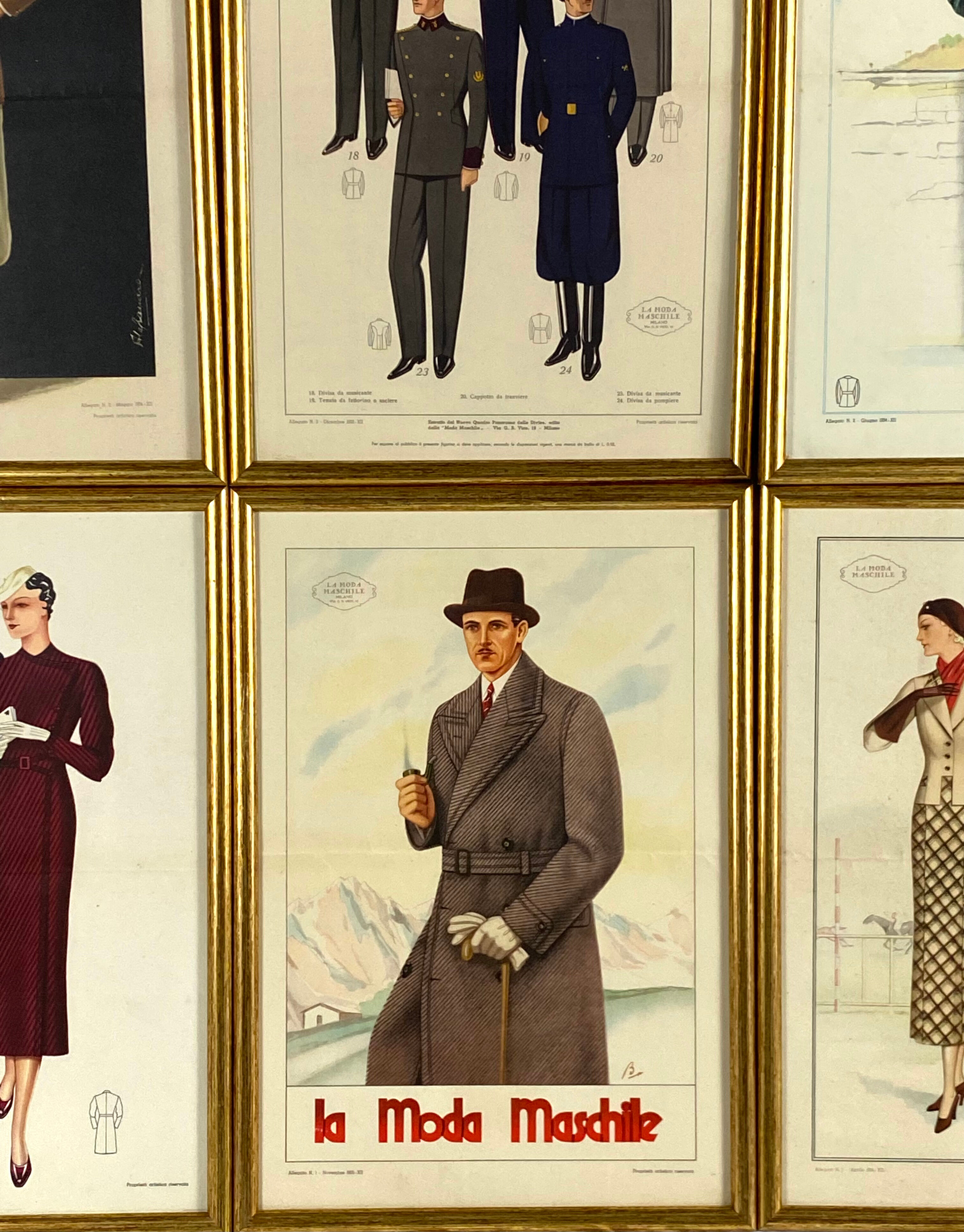 'La Moda Maschile', Set of 6 framed original illustrations of men's fashion from the 30s, Italy 1930