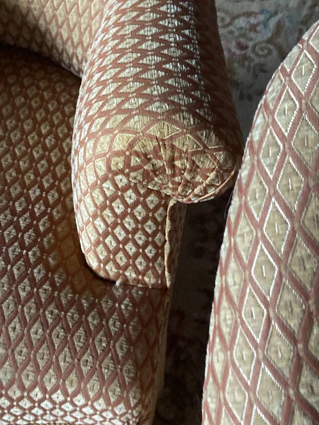 Pair of renovated upholstered frog chairs in beige velvet.