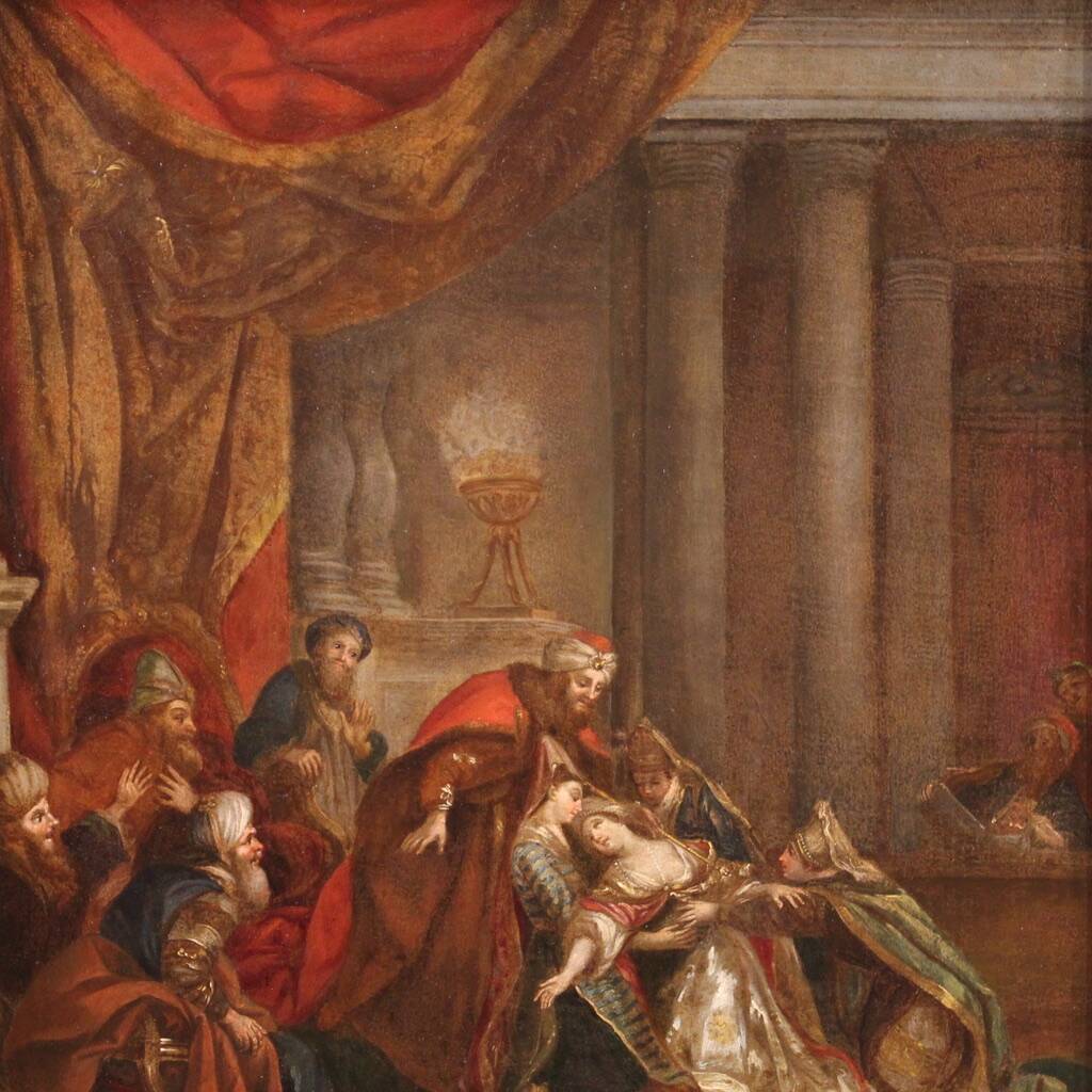 Antique painting from the 18th century, Esther fainting before Ahasuerus