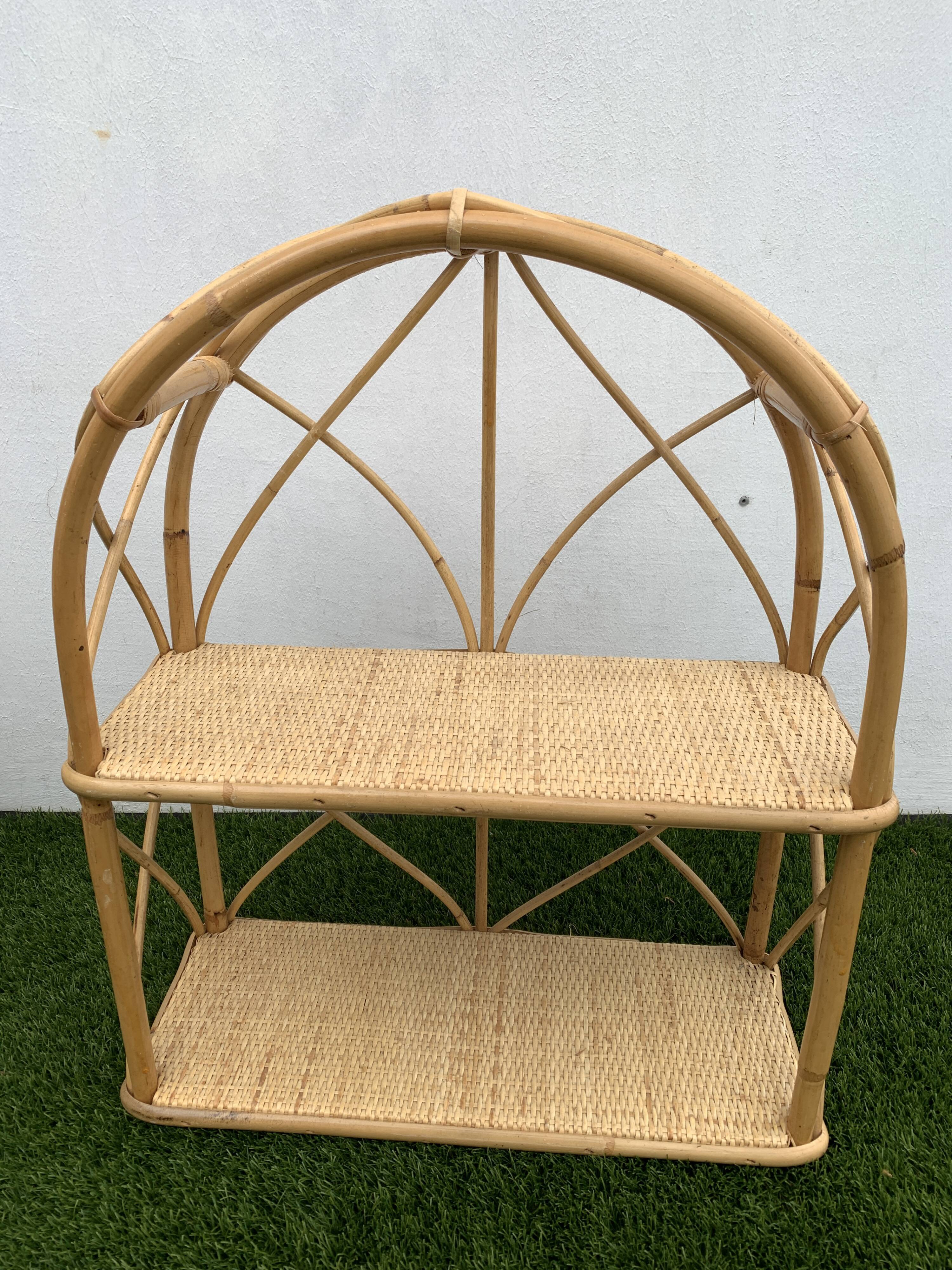 Pair of rattan and bamboo shelves or wall-bookcases, 1970
