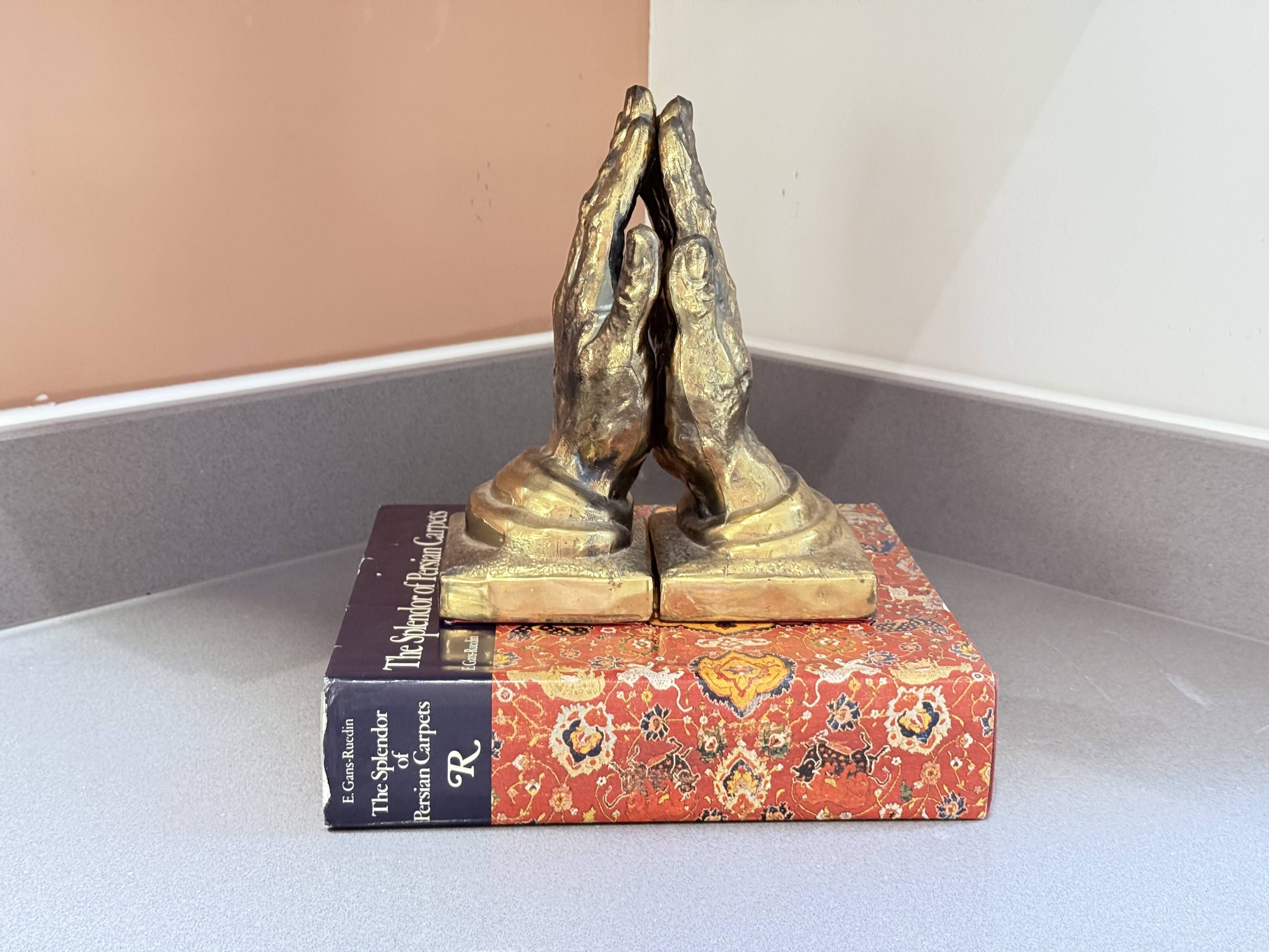 Vintage Gold-Tone Bookend Praying Hands Decorative Bronze Sculptural Book Holder