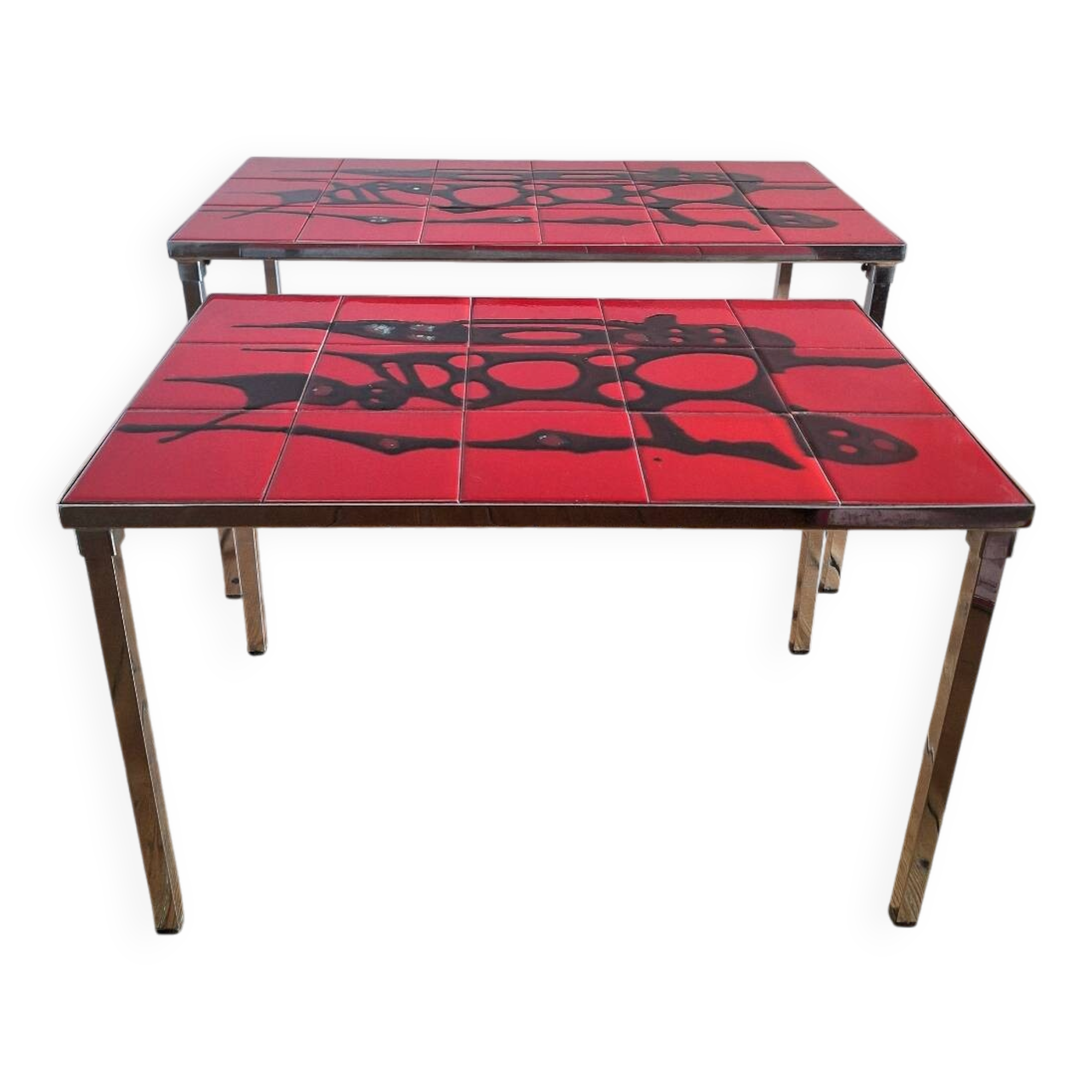 Pair of nesting coffee tables, vintage ceramic furniture.