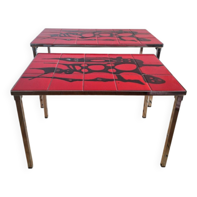 Paire de tables basses gigognes, meubles céramique vintage
