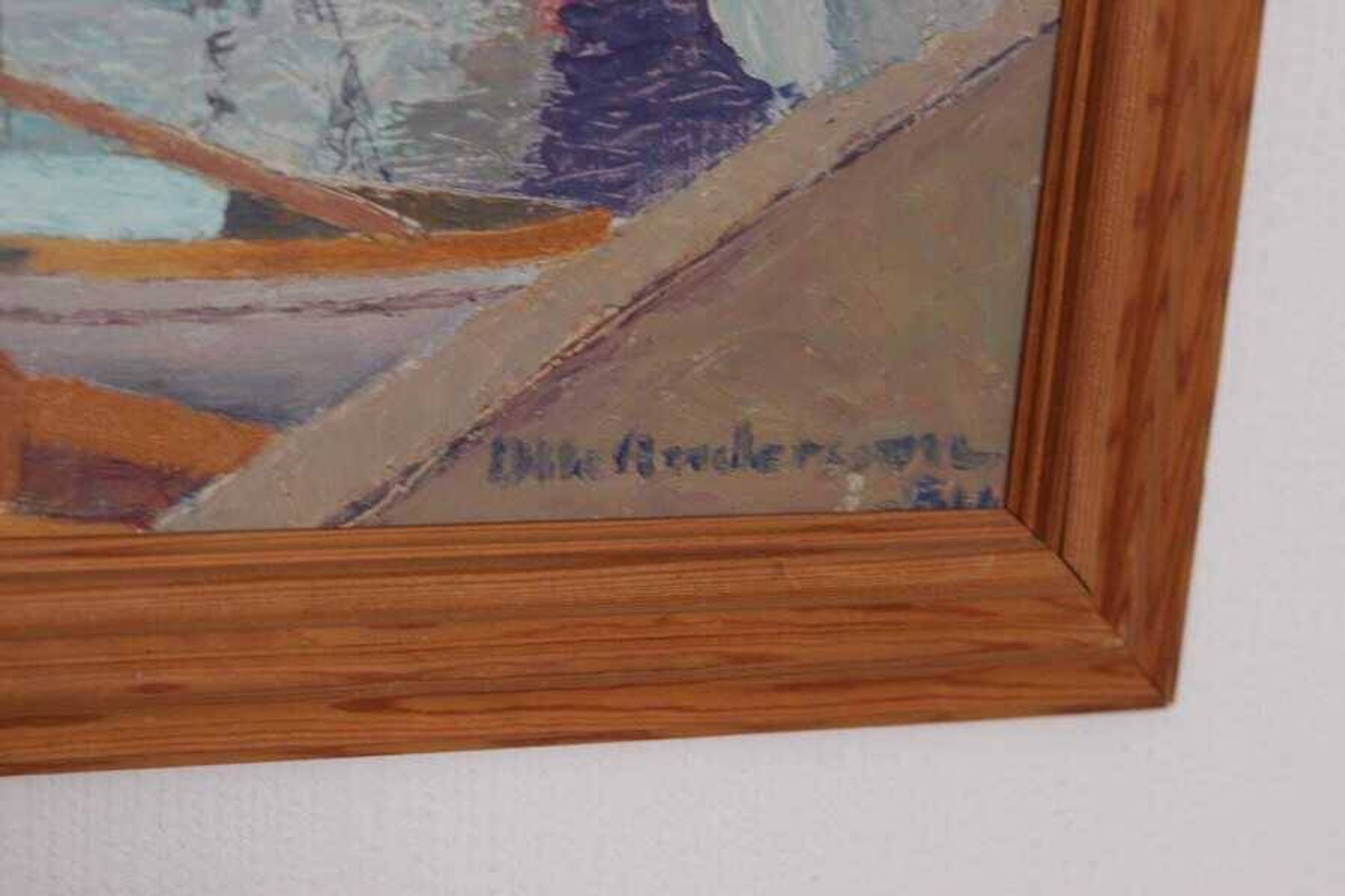 Original Swedish oil on panel – “Moored Boats” by Olle Anderson – vintage & framed – 44 × 51 cm