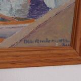 Original Swedish oil on panel – “Moored Boats” by Olle Anderson – vintage & framed – 44 × 51 cm