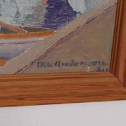 Original Swedish oil on panel – “Moored Boats” by Olle Anderson – vintage & framed – 44 × 51 cm