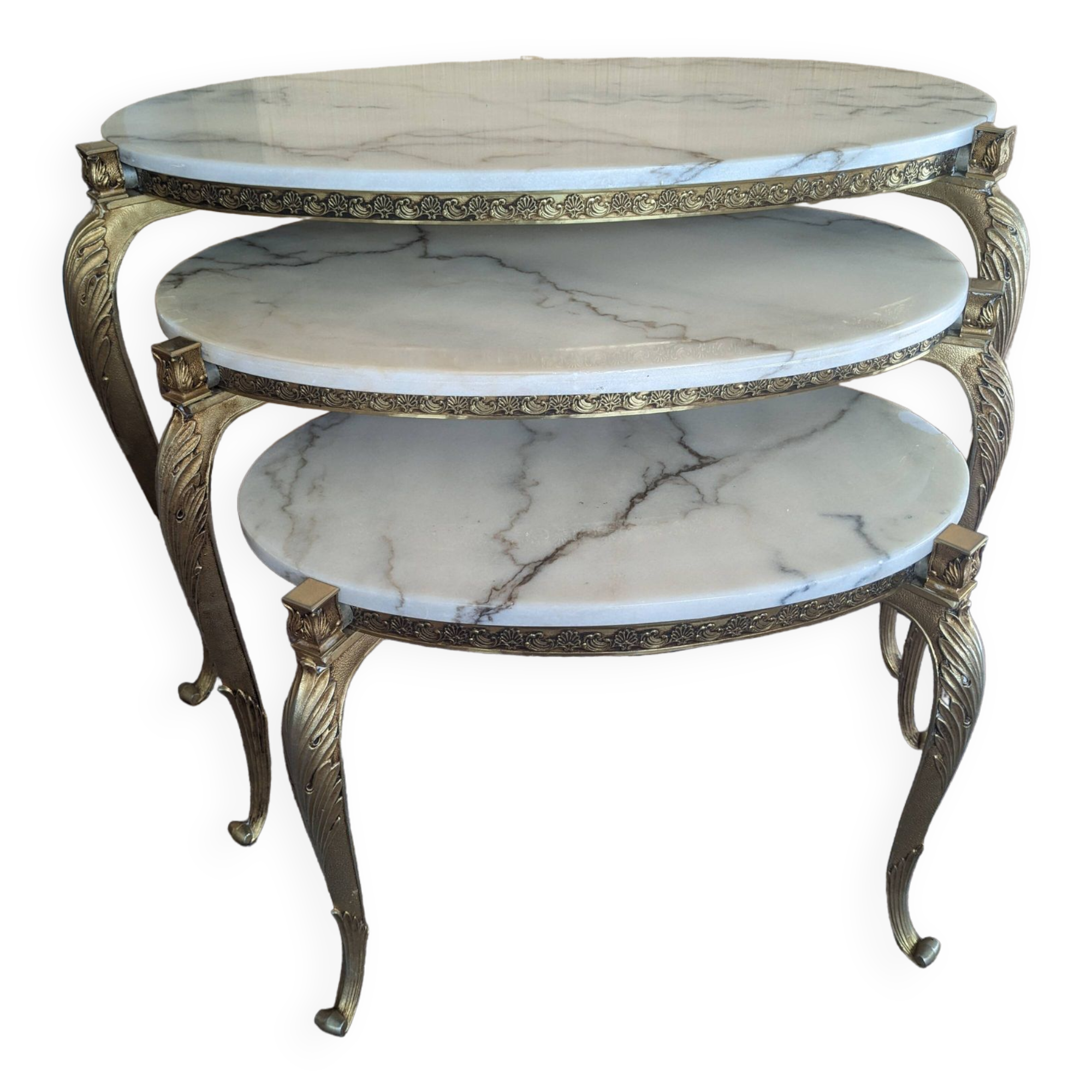 Nesting tables in white marble and bronze