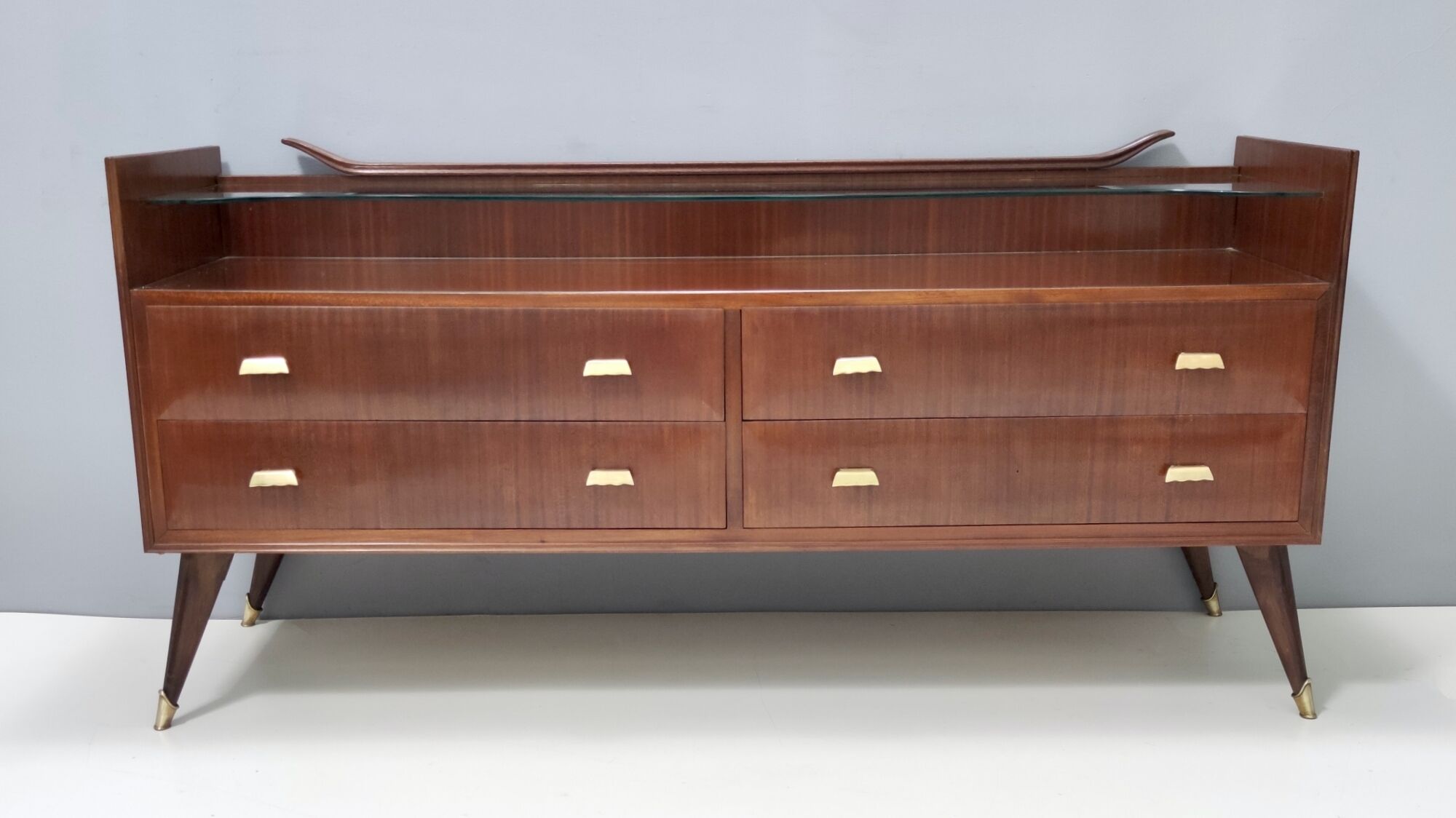 Walnut dresser with a thick glass top, italy