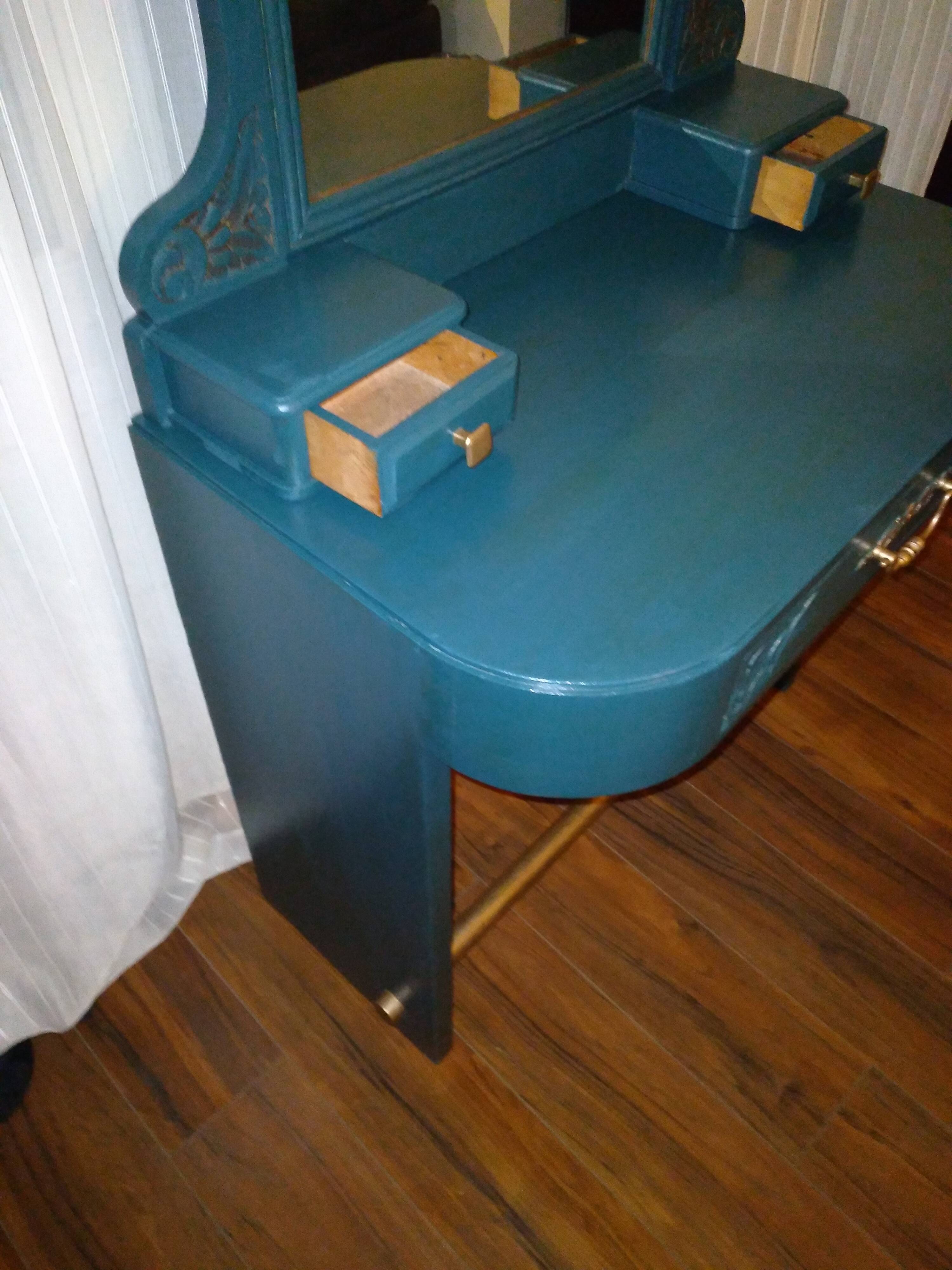 Blue art deco dressing table, swivel mirror