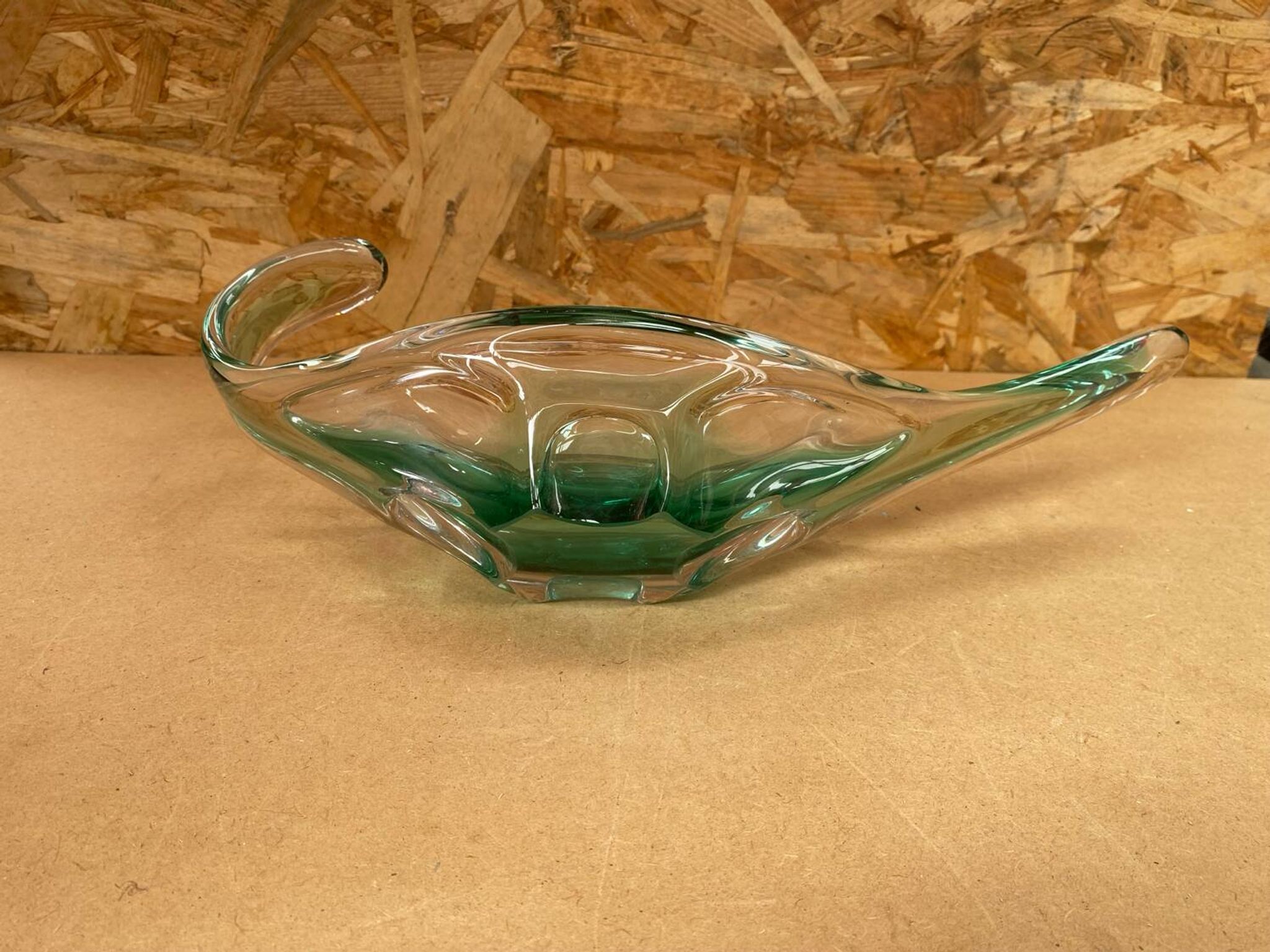 Ancien Vide Poche Coupe Cristal Vert & Transparent Vintage #B087