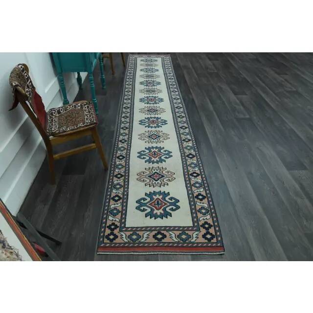 1970s Vintage Turkish Handmade Wool & Cotton Beige Runner Rug 84x402