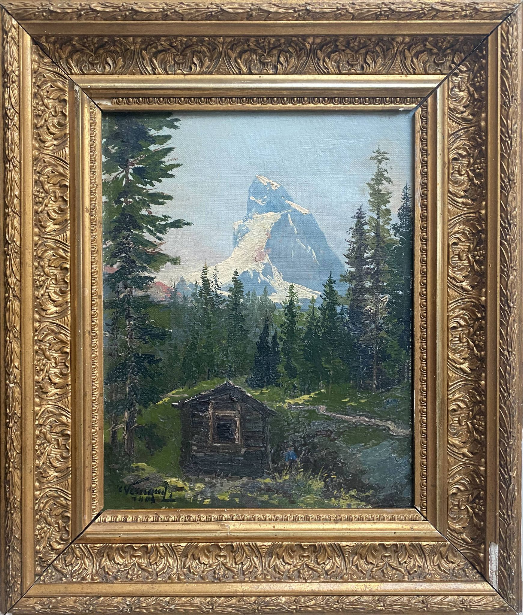 HST table "Animated mountain landscape" XIX°/XX° signed with frame