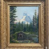 HST table "Animated mountain landscape" XIX°/XX° signed with frame