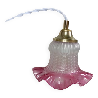 White tulip hanging light frosted glass, purple frills, art deco style