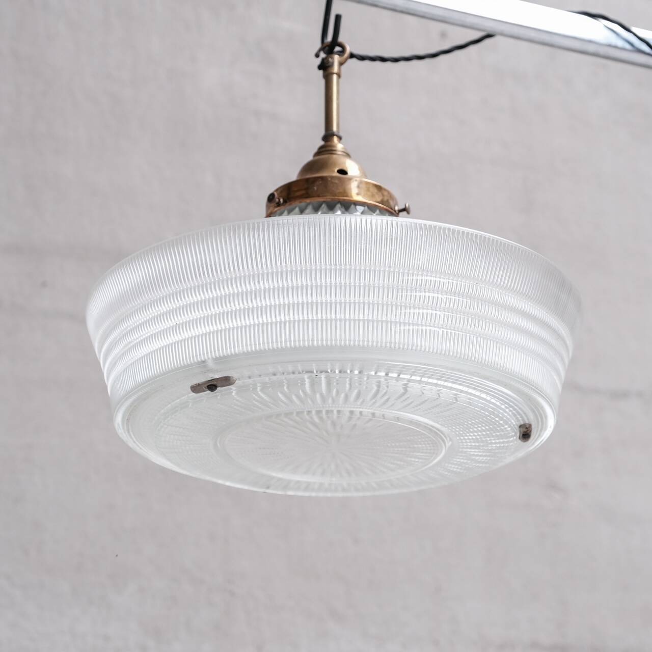 Glass and Brass Holophane Antique Pendant Light