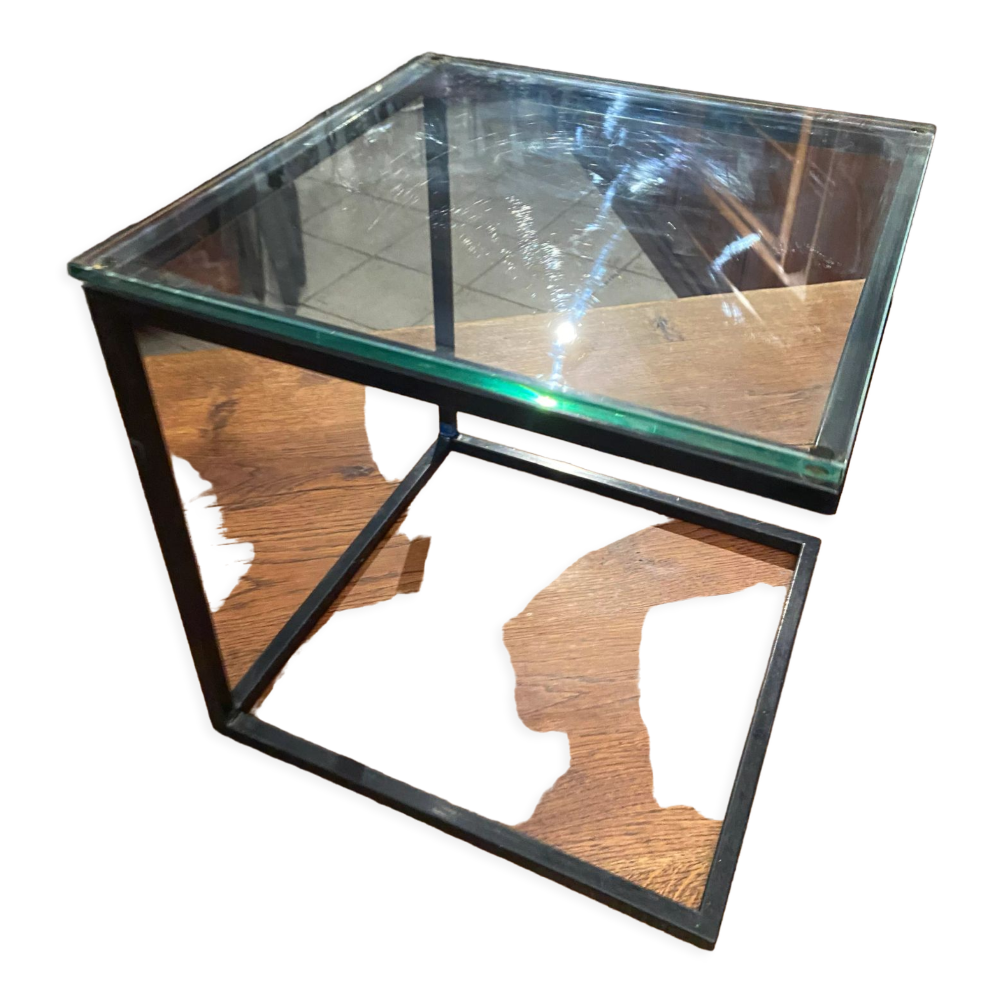 Coffee table end of sofa harness design 1970 metal and glass marked pierre chevalier