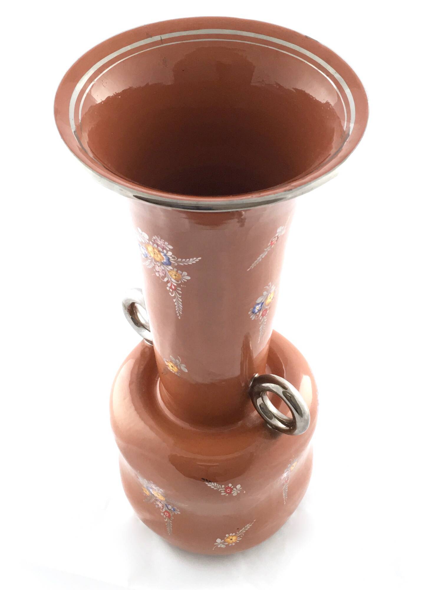 Brown Lacquered and Hand Painted Terracotta Deruta Amphora Vase, Italy