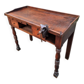 French antique watchmaker's bench – Table with drawers, vice, and original sliding leather surface – circa 1900
