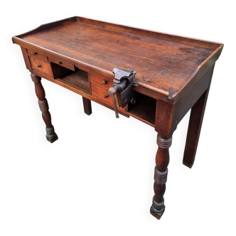 French antique watchmaker's bench – Table with drawers, vice, and original sliding leather surface – circa 1900