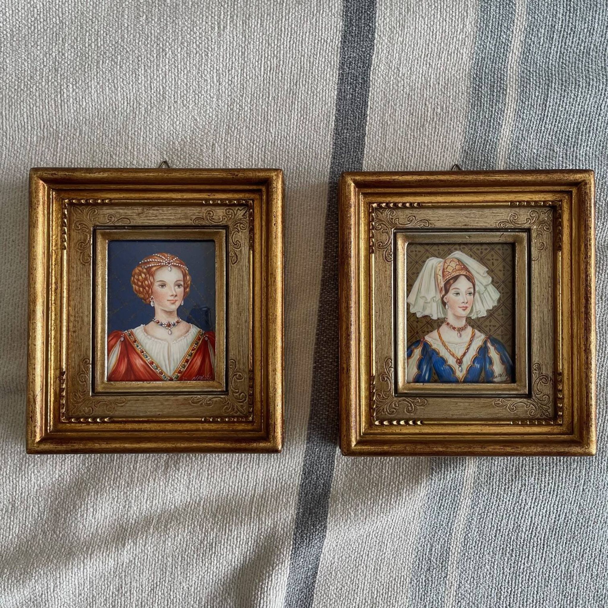 2 small portrait paintings of a woman by N. Philip, miniatures on ivory.