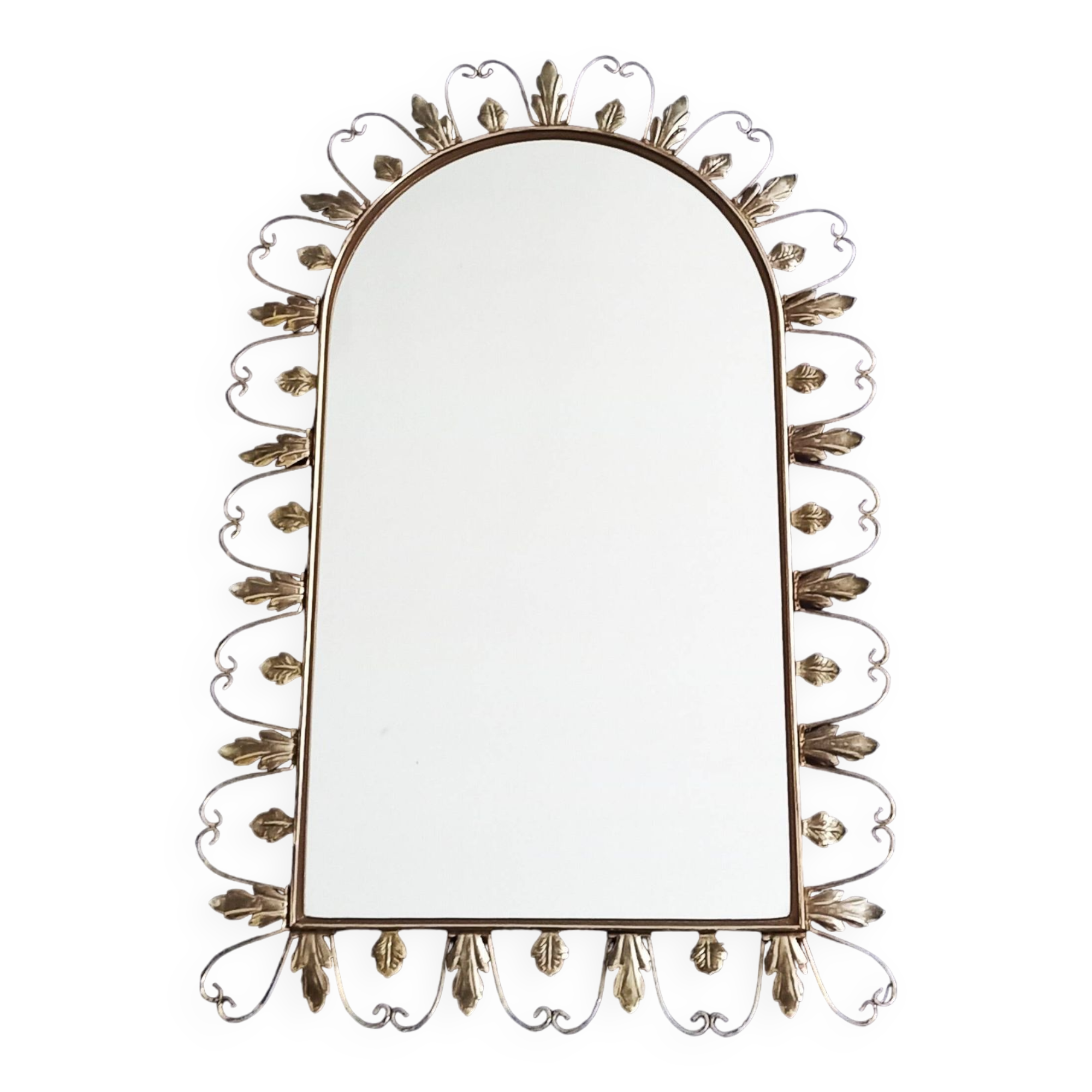 Large arched mirror with acanthus leaves and scrolls in gold metal from deknudt, 1960s
