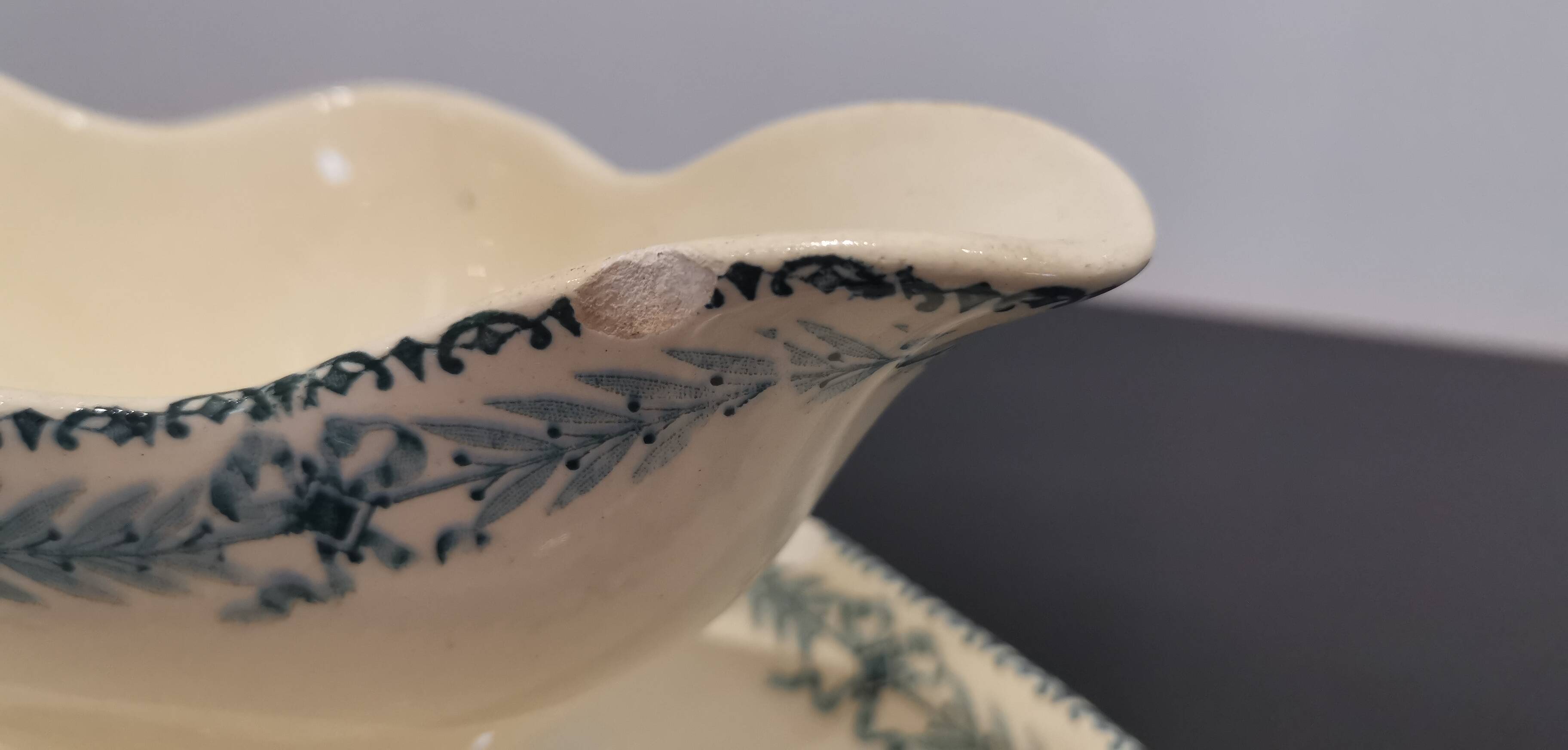 Old Choisy Le Roi earthenware gravy boat, Chinon decor