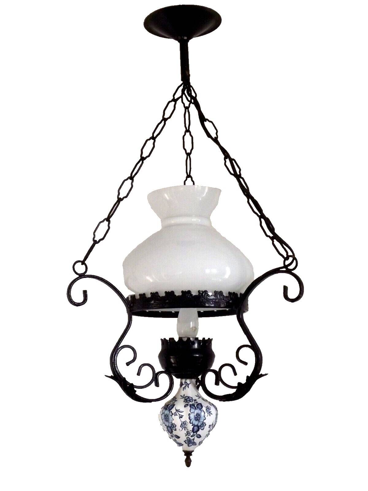 French country lantern ceiling light blue floral finial opaque glass shade 4521