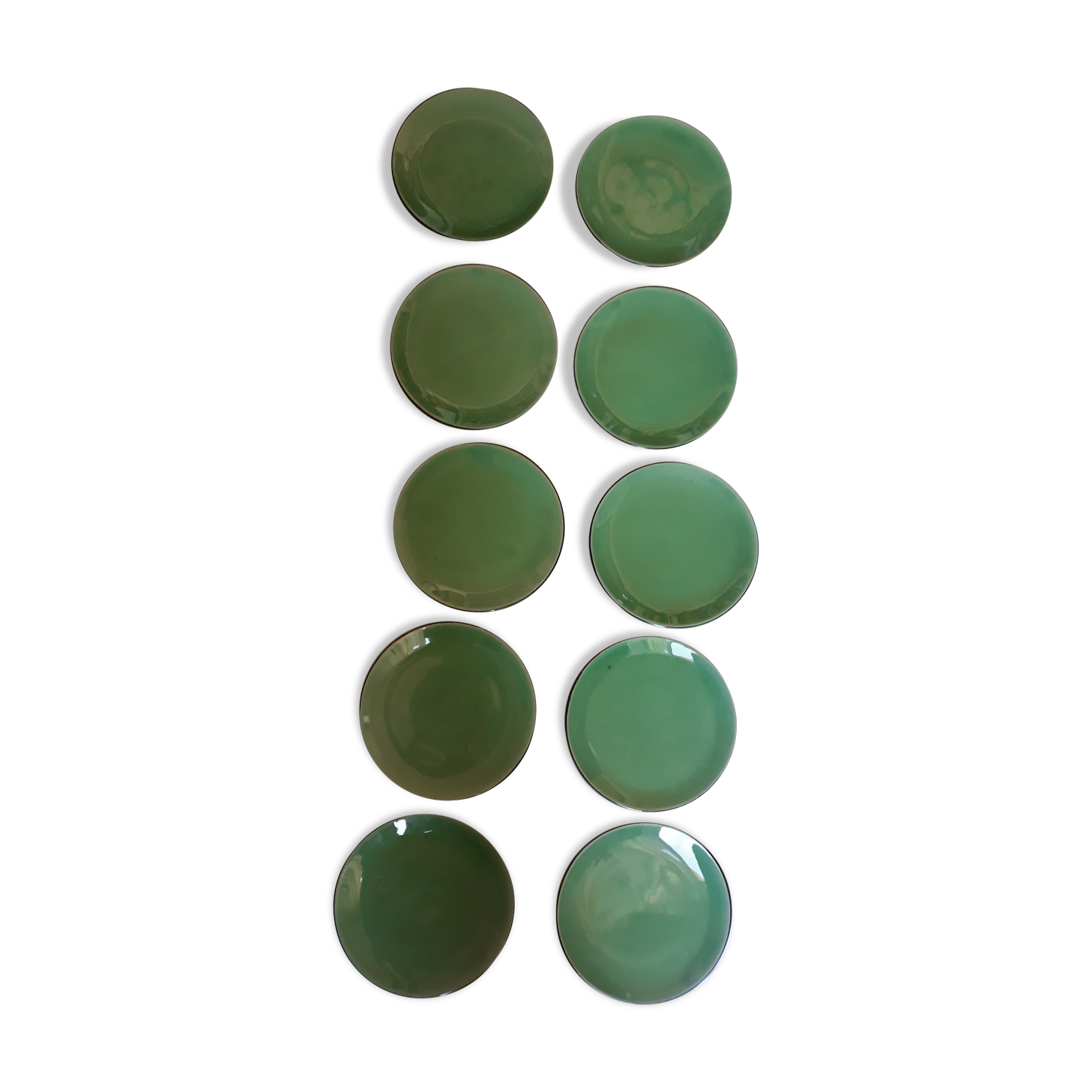 10 green ceramic plates signed "Georges" VALLAURIS