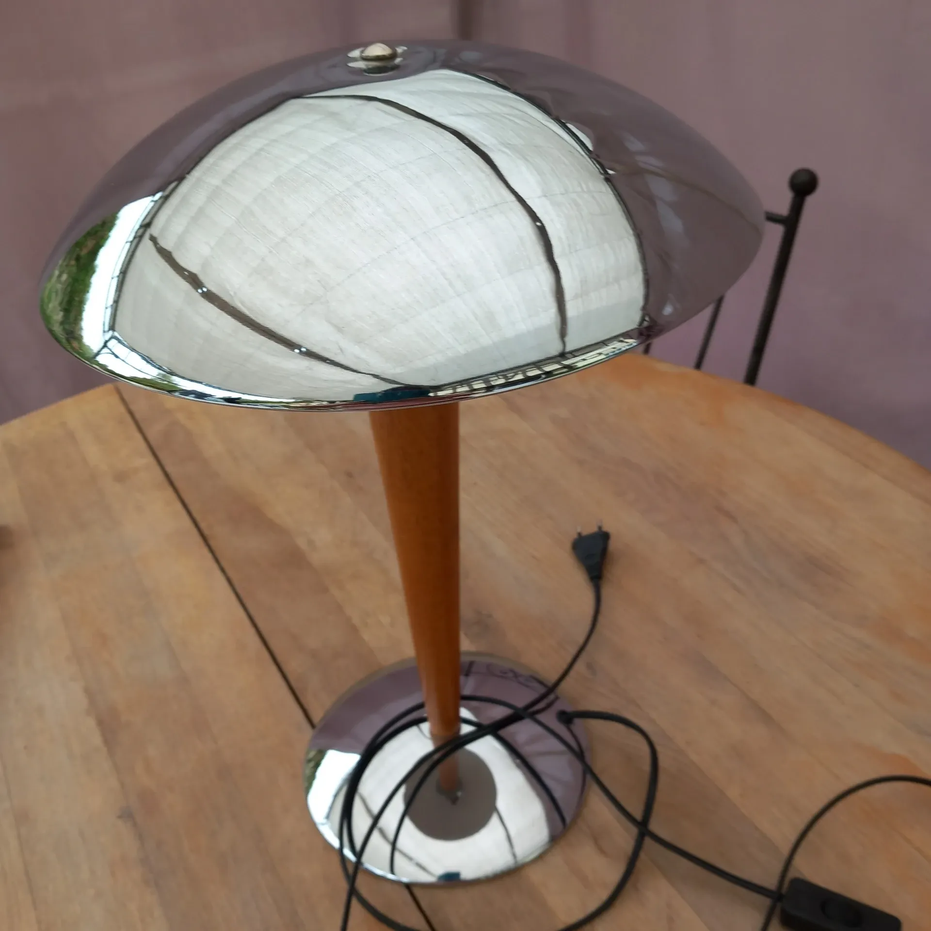Mid-Century "Mushroom" Table Lamp, Chrome Metal & Teak – Style P