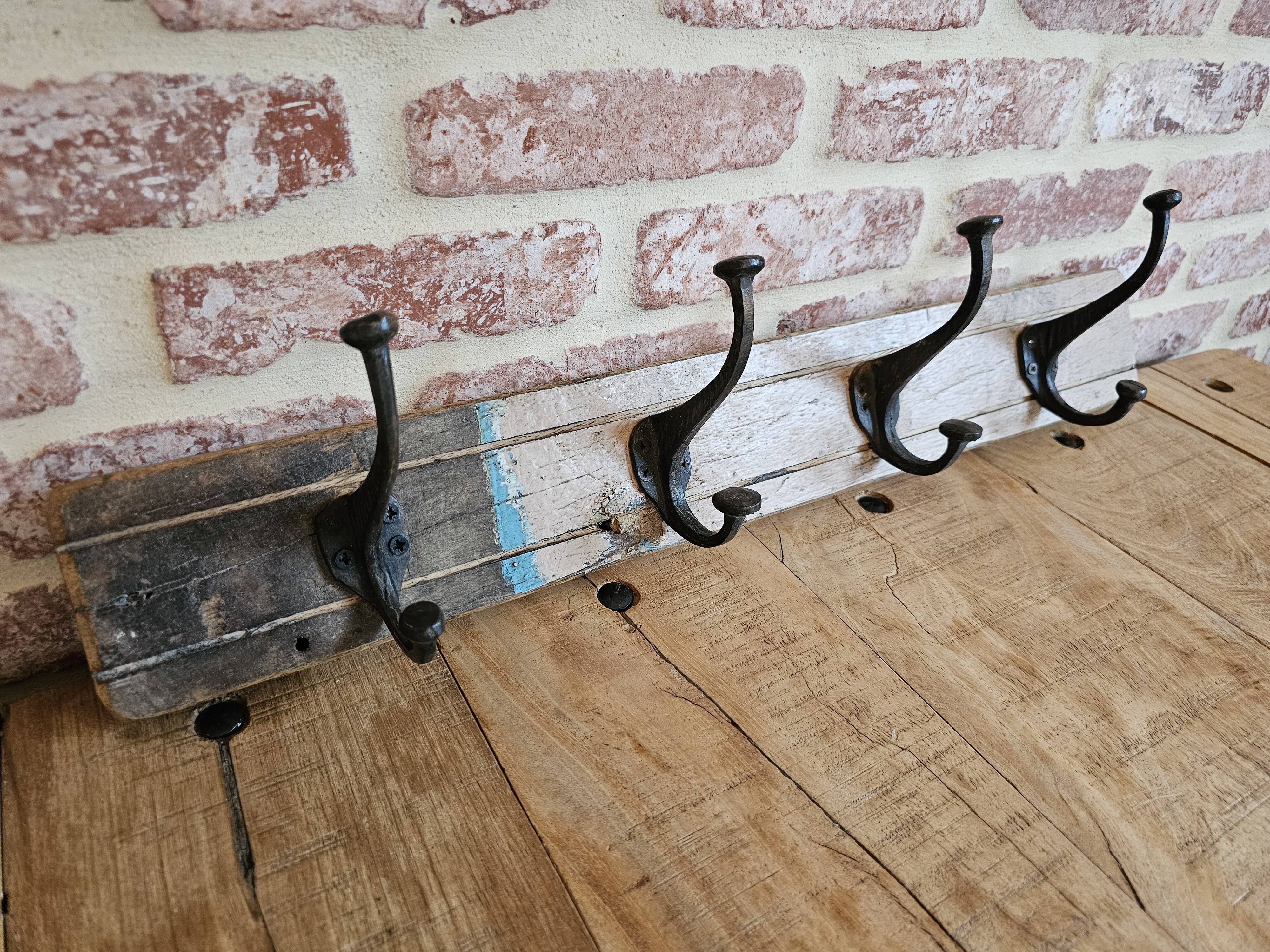 Solid teak coat hook with 4 double cast iron hooks