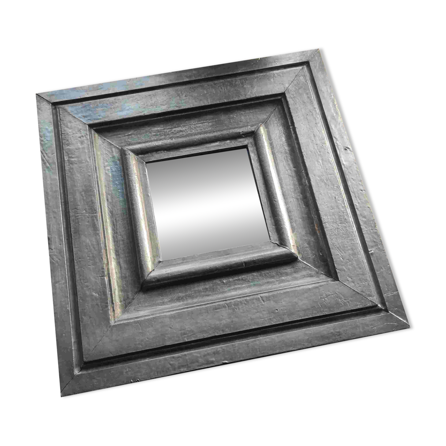 Vintage square mirror in wood covered with metal leaf, moldings in relief