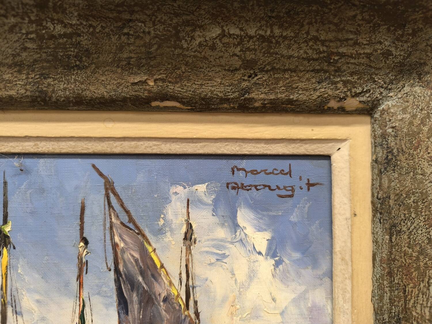Huile sur toile marine Marcel Abougit Barques de pêcheurs Côte d'Azur