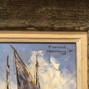 Oil on canvas, marine scene, Marcel Abougit, Fishing boats, French Riviera