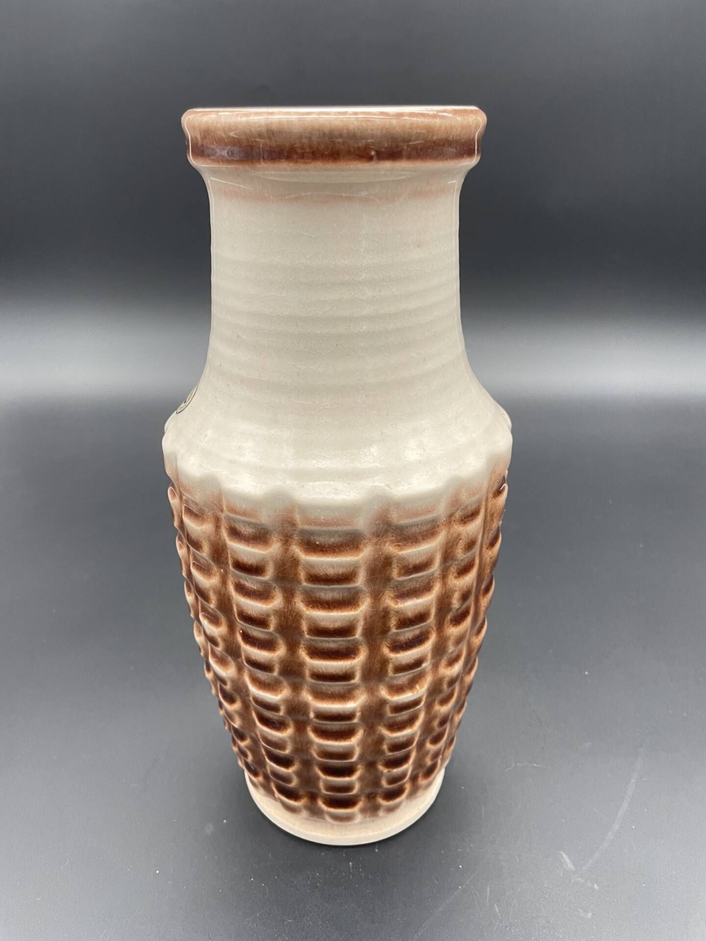 Vintage Jasba ceramic vase – brown and white geometric relief – A