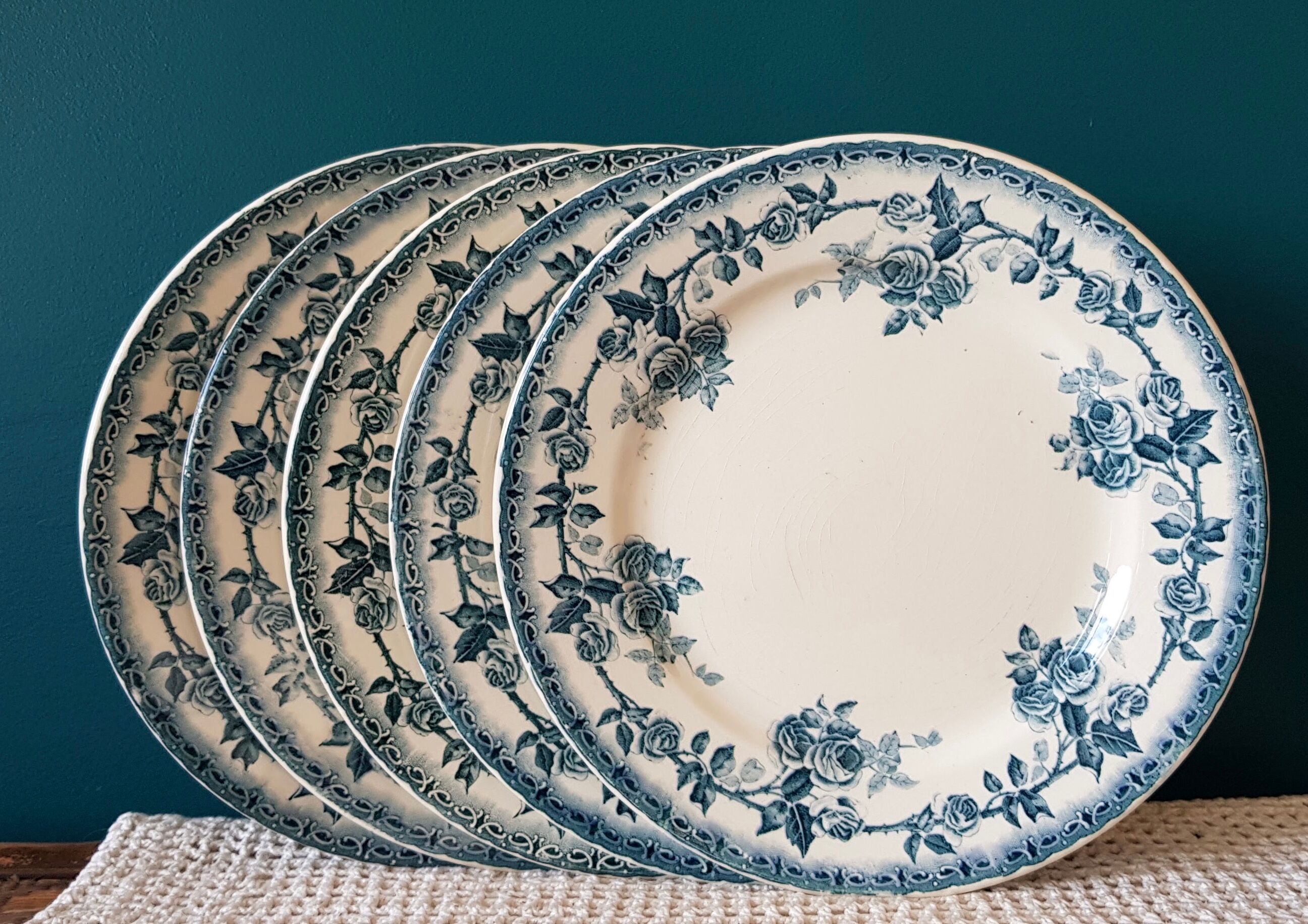 Set of 5 old blue flat plates H.B.&Cie