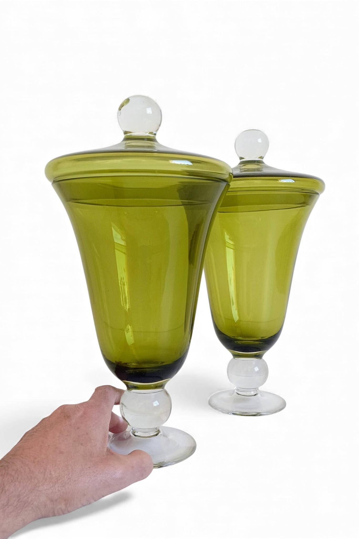 Murano Glass Green Lidded Urns, Venini Style, Italy, 1950s