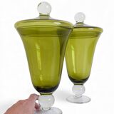 Murano Glass Green Lidded Urns, Venini Style, Italy, 1950s