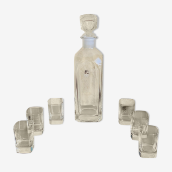Ensemble, carafe à whisky vintage en cristal avec 6 verres, par Luigi Bormioli, circa 70’s