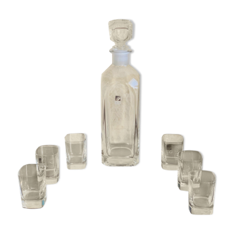 Set, vintage crystal whiskey decanter with 6 glasses, by Luigi Bormioli, circa 70's