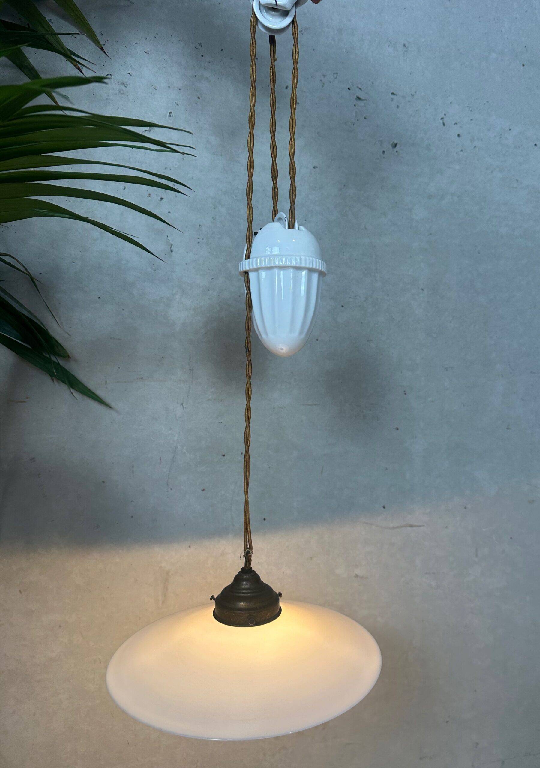 Antique adjustable pendant lamp – opaline and porcelain