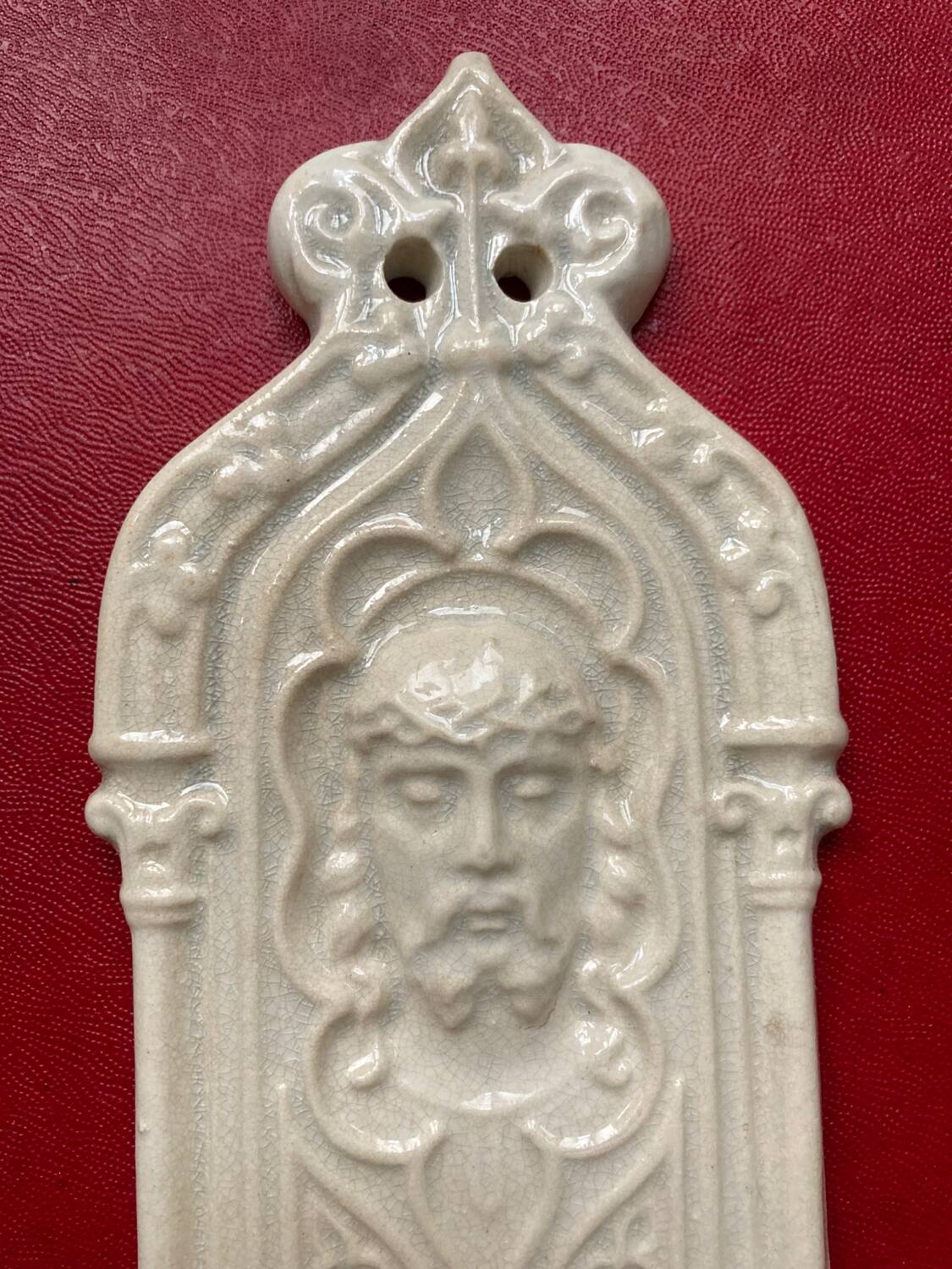 Digoin Sarreguemines earthenware holy water font