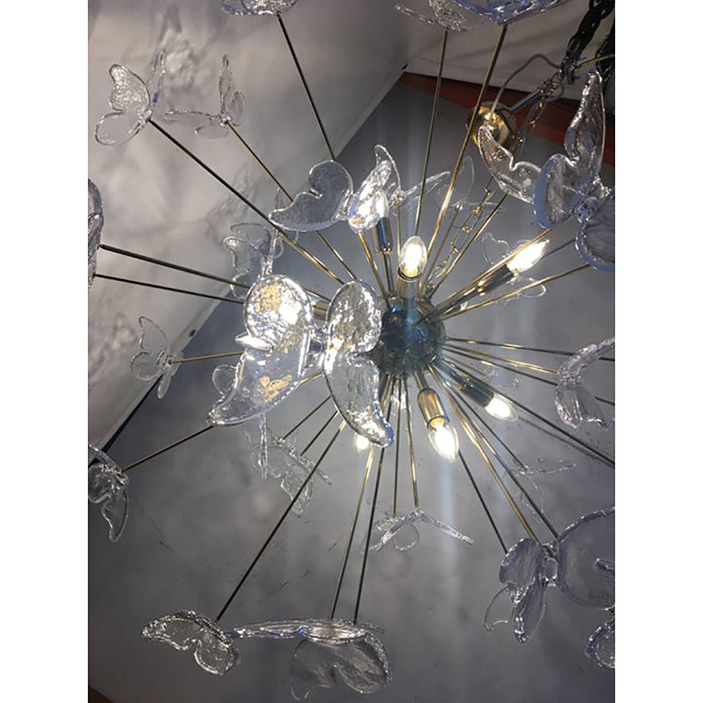 Murano Glass Sputnik Chandelier in Gold 24 Karat and Clear Butterfly