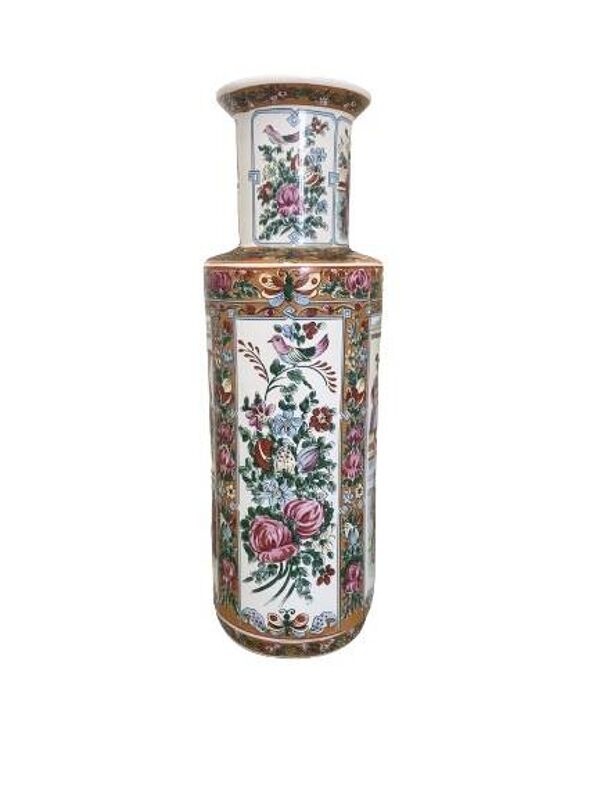 Ancien grand vase chinois de canton, années 1900. en porcelaine, style famille rose 47 x 16 cm