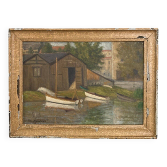 Oil on canvas by Gr Djalalons marine 20th cerused frame