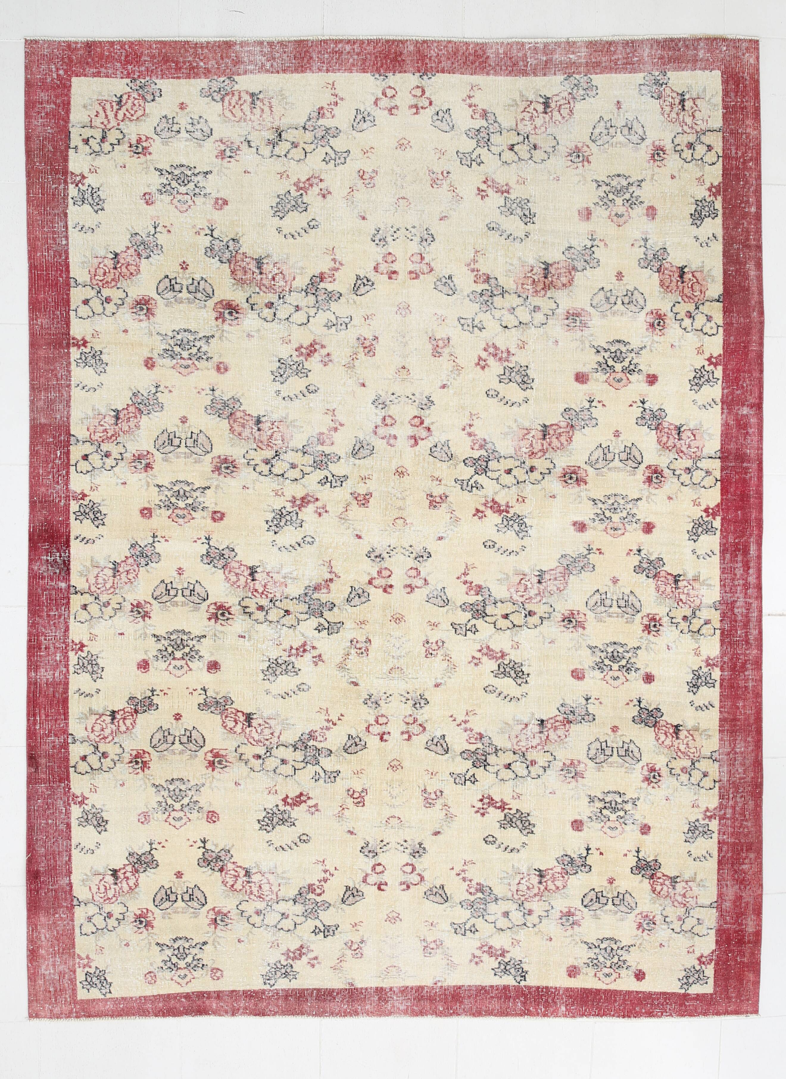 7x9 Yellow & Burgundy Floral Turkish Vintage Rug, 216x281Cm