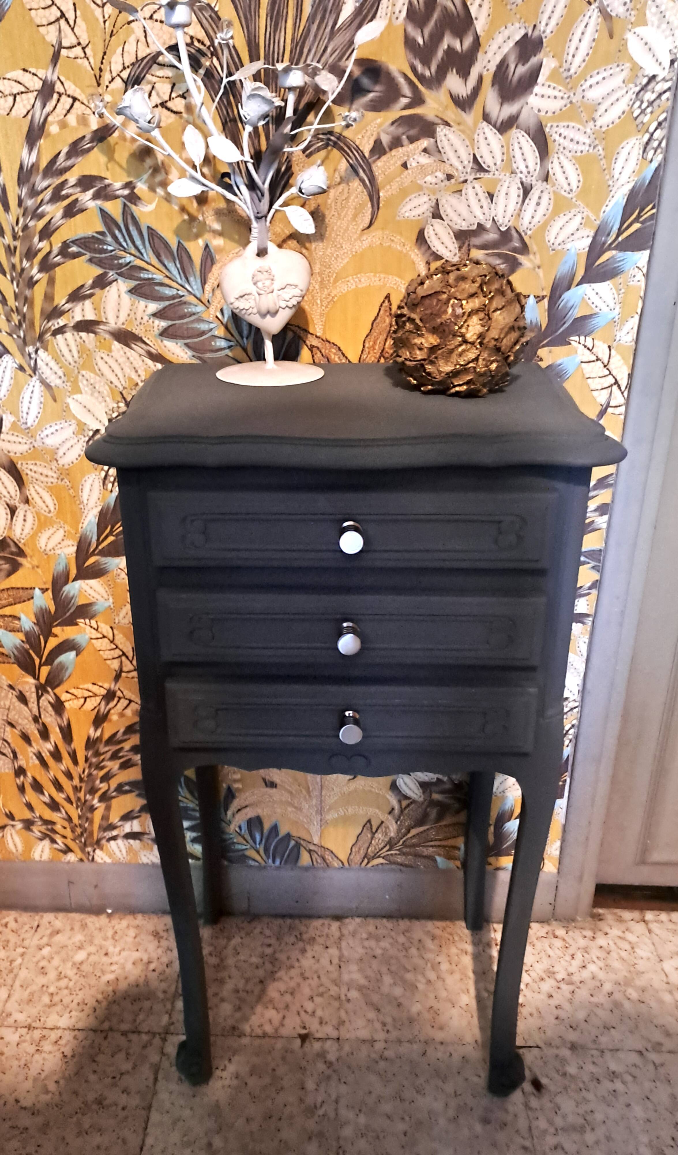 1950 bedside table in painted wood, trench grey color, renovated, 3 drawers
