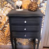1950 bedside table in painted wood, trench grey color, renovated, 3 drawers