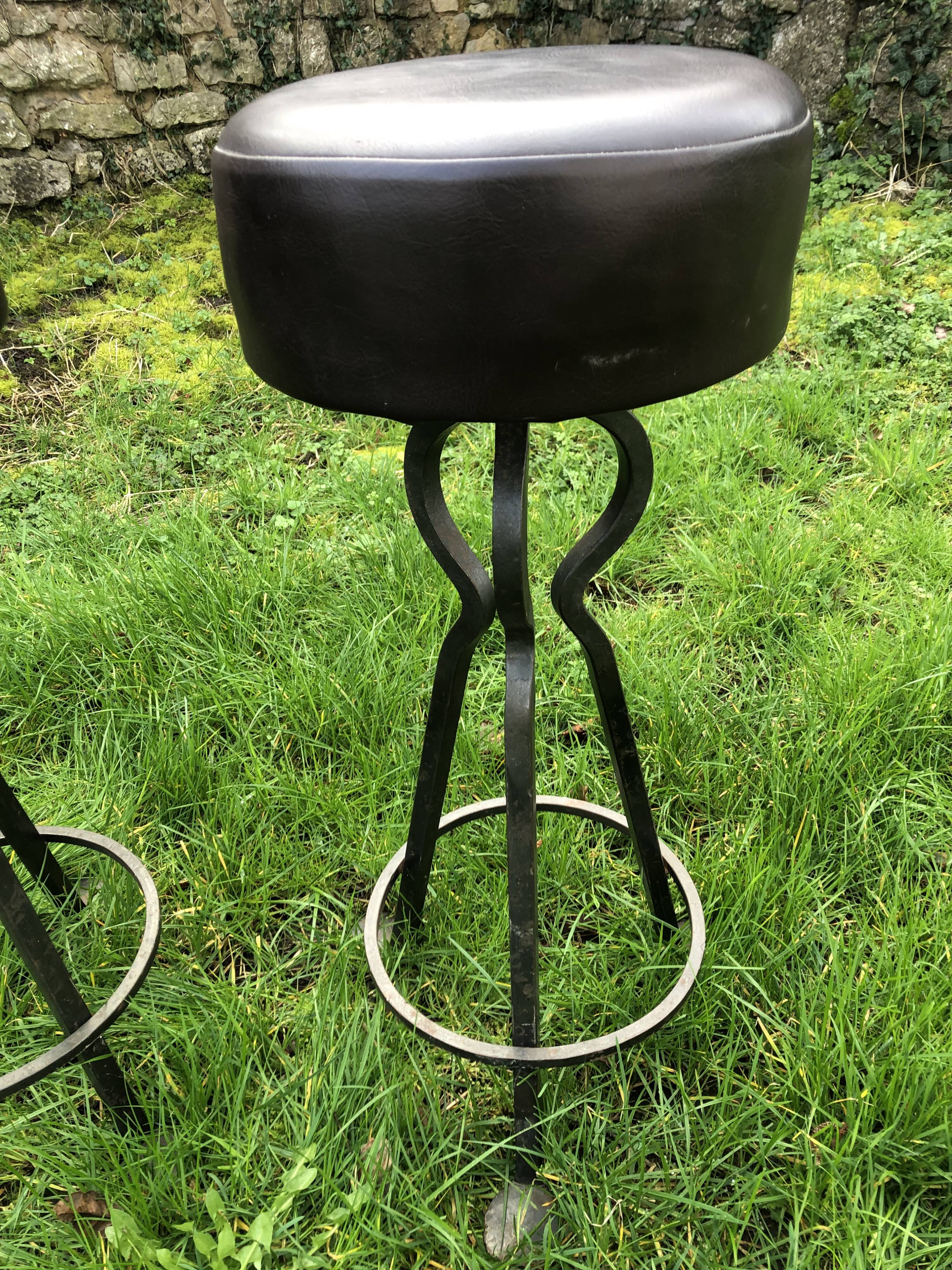 Vintage leather and wrought iron bar stools