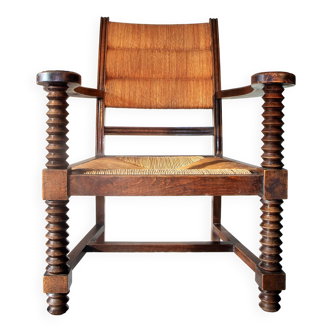 Fauteuil en Chêne et jonc, brutaliste dlg Charles Dudouyt, 1940s