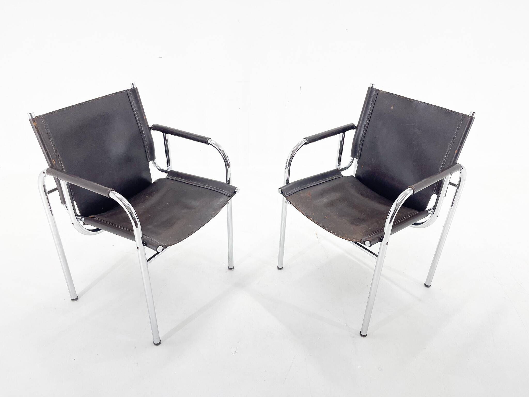 Pair of 1970s Vintage Hans Eichenberger Leather & Chrome Lounge Chairs, Labeled